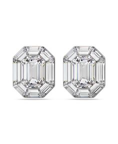 pair of emerald and diamond stud earrings in white gold, set on a white background