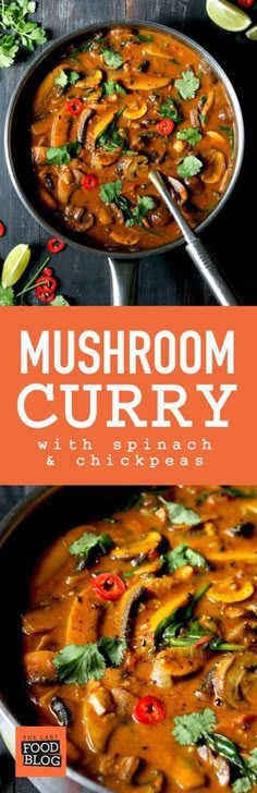 mushroom curry with spinach and peppers in a pan