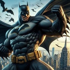 the batman is standing in front of a cityscape with bats flying around it