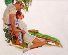 a painting of a man and woman sitting on a bench next to a palm tree