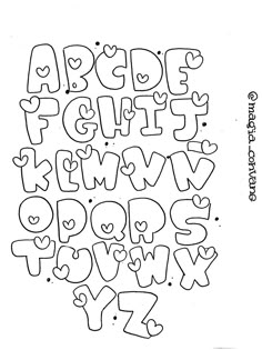 the alphabet with hearts is outlined in black and white