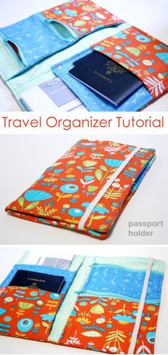 an orange, blue and white ipad case with a passport holder on top of it