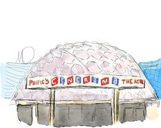 a drawing of a large dome building with red and blue signs on it's sides