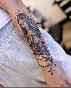 Virgin Mary Tattoo For Women Sleeve, Rosary Arm Tattoo, Virgencita Tattoo Women, Virgin Mary Tattoo For Women Arm, La Virgen Tattoo, Rosary Hand Tattoos For Women, Virgen De Guadalupe Tattoo Ideas Women