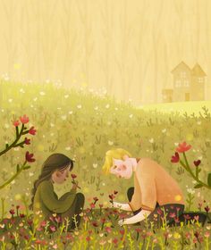 two people kneeling down in a field with flowers