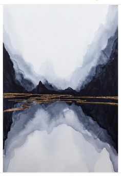 an abstract painting of mountains and water with gold lines on the bottom, in black and white