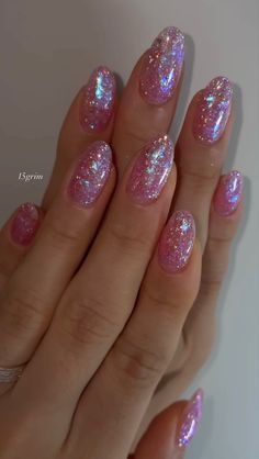 Sparkly Pink Acrylic Nails, Pink Sparkly Aesthetic, Pink Glittery Nails, Pink Sparkly Nails, Hoco 2024, Nails Aesthetic, Summery Nails, Cute Gel Nails