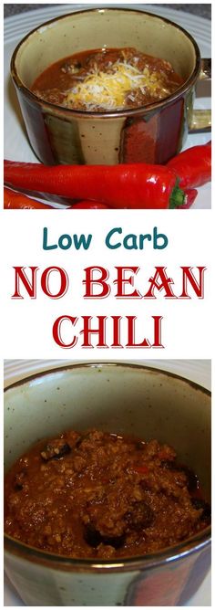 low carb chili in a bowl with the words no bean chilli above it