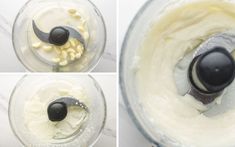 four pictures showing how to make whipped cream in a blender