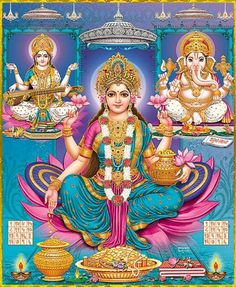 the hindu goddess sitting in front of her altar with other deities and offerings around her