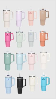 many different colored cups with lids and handles