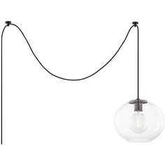 a glass ball hanging from a black cord next to a light bulb on a white background