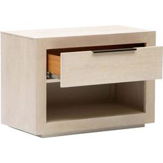 a wooden cabinet with two drawers and one drawer open