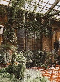 an old building with ivy growing on the walls and wooden chairs in the foreground