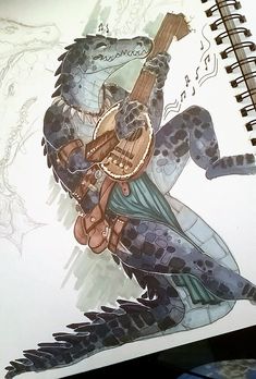 a drawing of a man playing a guitar with an alligator on his back and another animal holding a mandolin