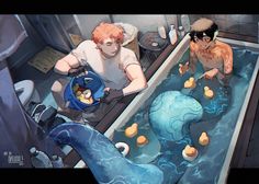 two people in a bathtub filled with water and rubber ducks, one holding a baby duck