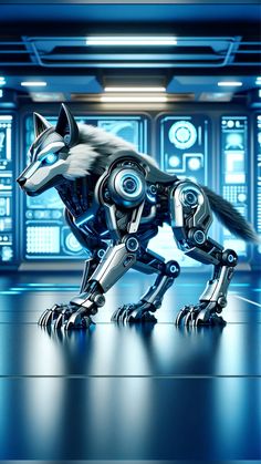 a robot dog standing on top of a floor in front of a blue background with lights