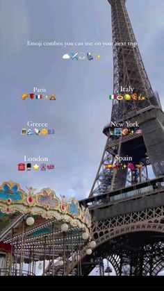 the eiffel tower is surrounded by many different colors and symbols on it's sides