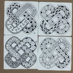 four different designs are shown in black and white on brown paper, each with an intricate design