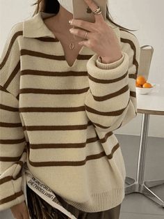 Vintage Striped Pullover Sweater - AnotherChill Sweater Pullover Outfit, Autumn Fits 2023, Beige Pullover Outfit, Casual Brown Outfits, Where To Buy Sweaters, 90s Sweater Outfits, Cute Brown Outfits, Brown And Beige Outfit, Types Of Sweaters