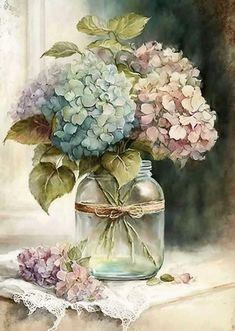 a painting of hydrangeas in a glass jar