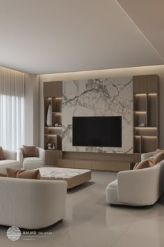 a living room filled with white furniture and a flat screen tv mounted on the wall