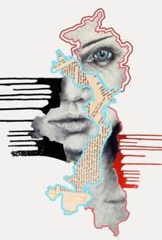 a woman's face with torn paper and words in the shape of her head