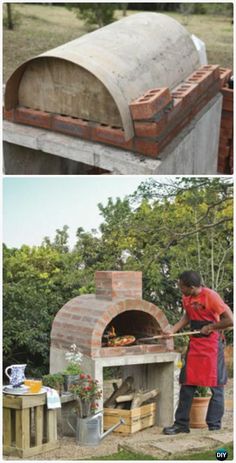 there are two pictures of an outdoor pizza oven that is made out of wood and brick