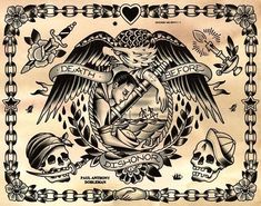 an old school tattoo design with skulls, roses and wings on it's border