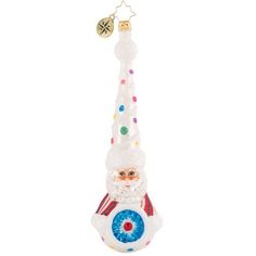 a glass ornament with a santa clause on it's head and an eyeball