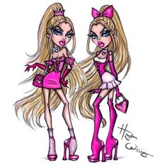 two cartoon girls dressed in pink high heeled shoes