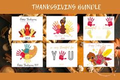 thanksgiving printables with handprinted turkeys, turkey and pumpkins on them