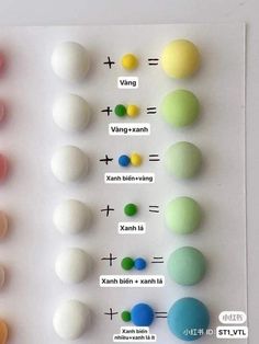 an assortment of different colored balls on a white surface with words written in chinese and english