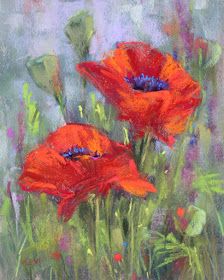 an oil painting of red poppies in a field with green grass and blue sky