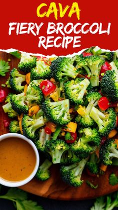 broccoli florets and peppers on a wooden platter with a cup of sauce