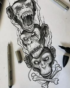 an ink drawing of three monkeys with their mouths open and teeth out, on a sheet of paper