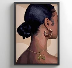 a painting of a woman's profile with earrings on her neck and hair in a bun