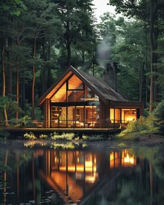 a cabin in the woods is lit up at night