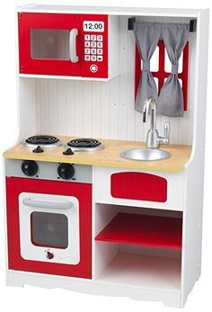 a red and white wooden play kitchen with sink, stove, oven and counter top