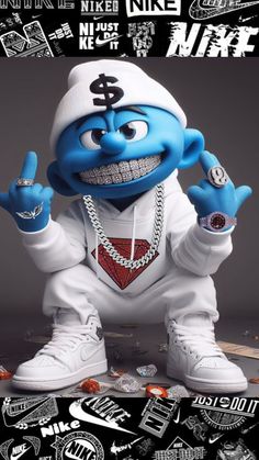 the smurf is dressed in all white and has his hands up with one hand