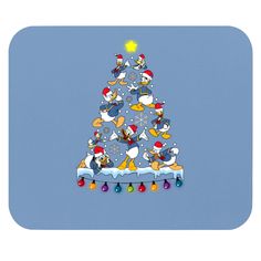 a cartoon christmas tree with donald duck and friends around it on a blue square coaster