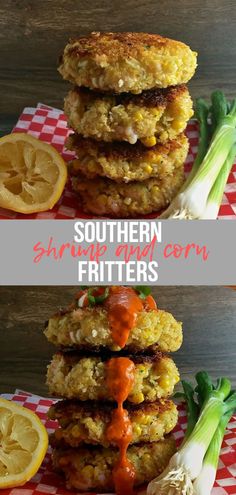 some food is stacked on top of each other and ready to be eaten with the words southern shrimp patties