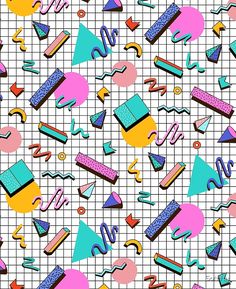 an abstract pattern with various shapes and colors on a checkered grid paper background that is multicolored