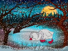 a painting of a white duck in the snow by some trees and water at night