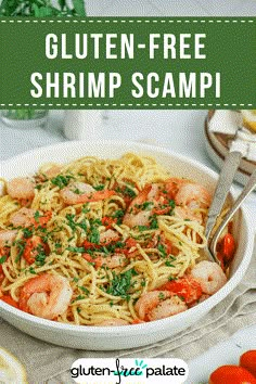 shrimp scampp pasta in a white bowl with lemon wedges and parsley on the side