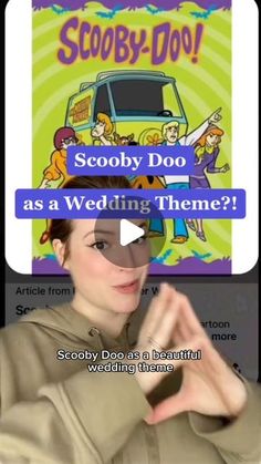 a woman is holding her hand up in front of the screen with an ad for scooby doo as a wedding theme