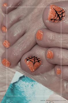 Orange Spider Web Halloween Toe Nails Designs Toe Nail Fall Designs, Cute Fall Toenails, Halloween Nail Designs Diy, Cute Halloween Toe Nails, Toe Nail Designs For Halloween, Fall Toe Nails Pedicures, September Toe Nail Ideas, Simple Fall Pedicure Ideas