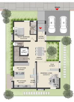 the floor plan for a two story house with three car garages and an attached parking lot