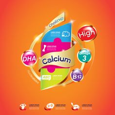 an orange background with different types of vitamins and the words high in each letter