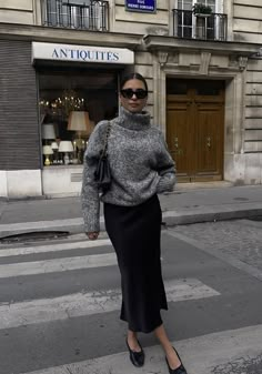 undefined Grey Turtleneck Outfit, Midi Rock Outfit, Emelie Lindmark, Black Satin Skirt, Satin Skirt Outfit, Corporate Life, Classy Fall Outfits, Rok Outfit, Black Skirt Outfits